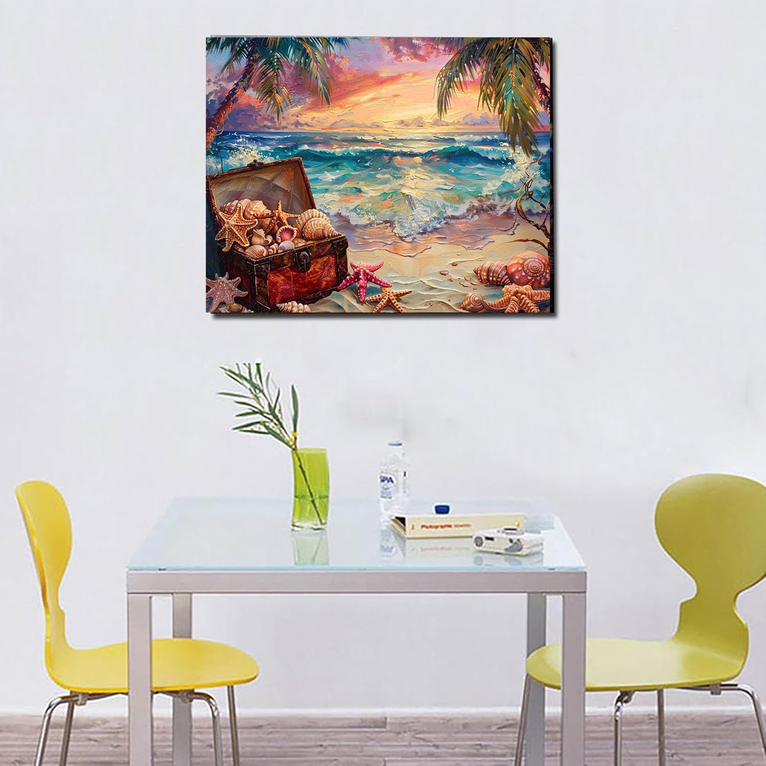 Nature Seaside Sunset Scenery Paint by Numbers for Adults Beach Sunset Landscape DIY Paint by Numbers Acrylic Paint Canvas Drifting Bottle Sea Shell Conch Painting Kits Art 16x20 Inch（DIY Frame）