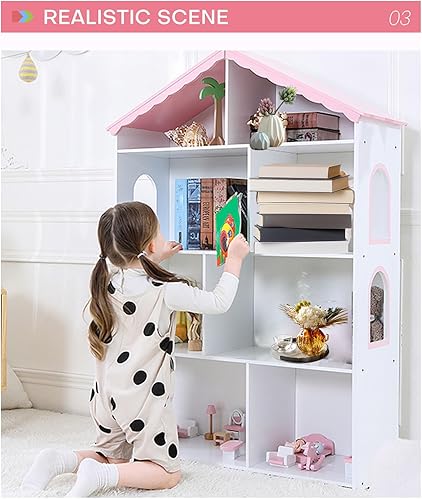 Miniatura 2 de Estantería para casa de muñecas para niños, estante de almacenamiento de MDF blanco de 4 niveles con techo rosa, ventanas decorativas, organizador