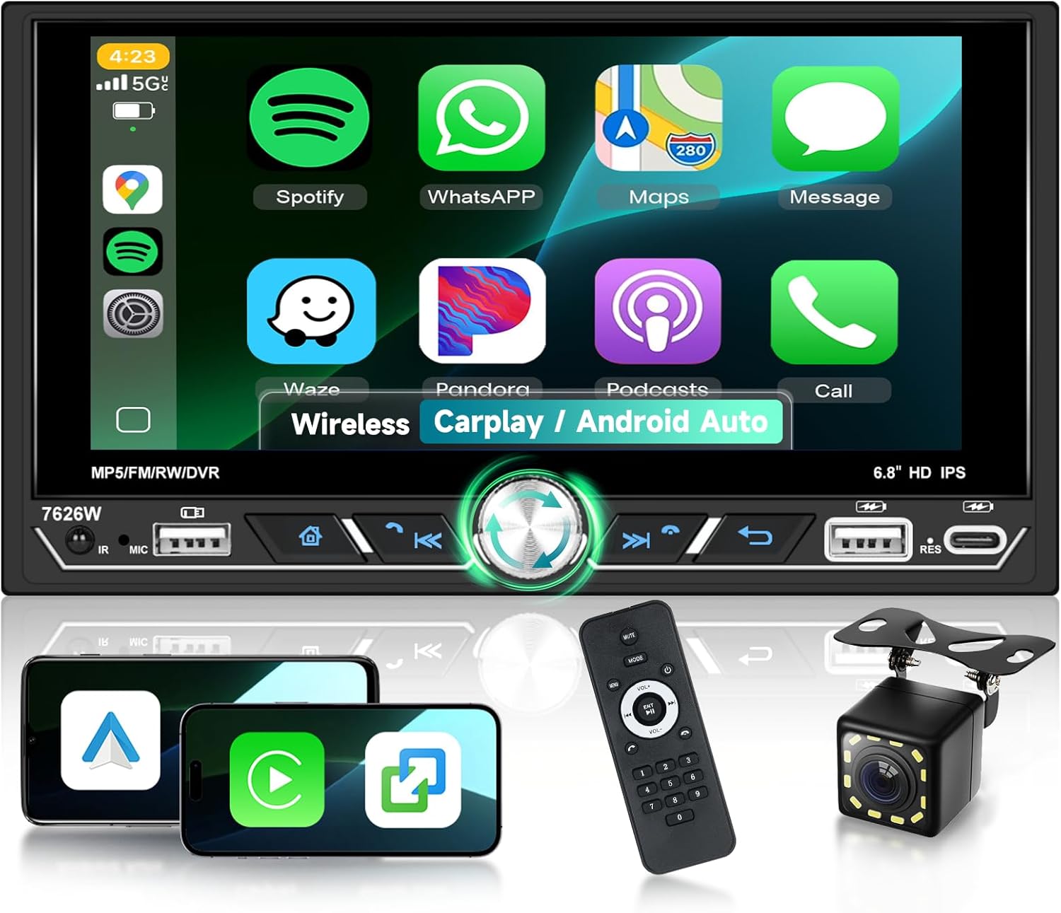 Double Din Car Stereo, 7-Inch IPS Touch Screen with Wireless CarPlay, Android Auto, Bluetooth 5.2, Black, AM/FM Radio, Mirror Link, Backup Camera