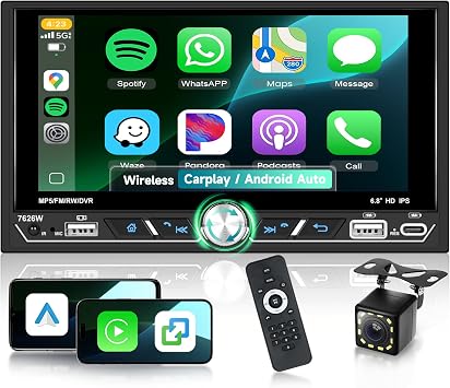 Double Din Car Stereo, 7-Inch IPS Touch Screen with Wireless CarPlay, Android Auto, Bluetooth 5.2, Black, AM/FM Radio, Mirror Link, Backup Camera