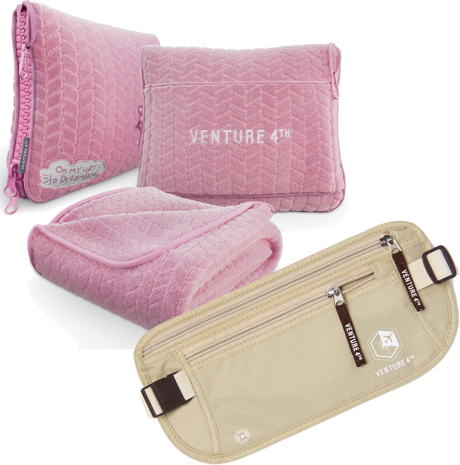 VENTURE 4TH Ultimate Travel Comfort Bundle: RFID Blocking Money Belt & Travel Blanket Pillow (Beige Money Belt & Pink Blanket/Pillow)