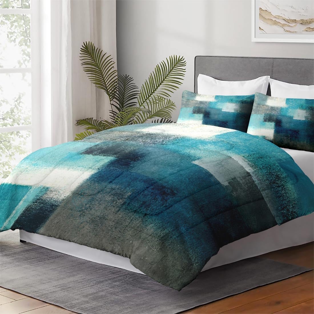 Queen Size Comforter Set with 2 Pillowcases, Painting Contemporary Teal Turquoise Grey Soft 3 Pcs Bedding for Kids and Adults Bedroom Bed Decor - Image 4