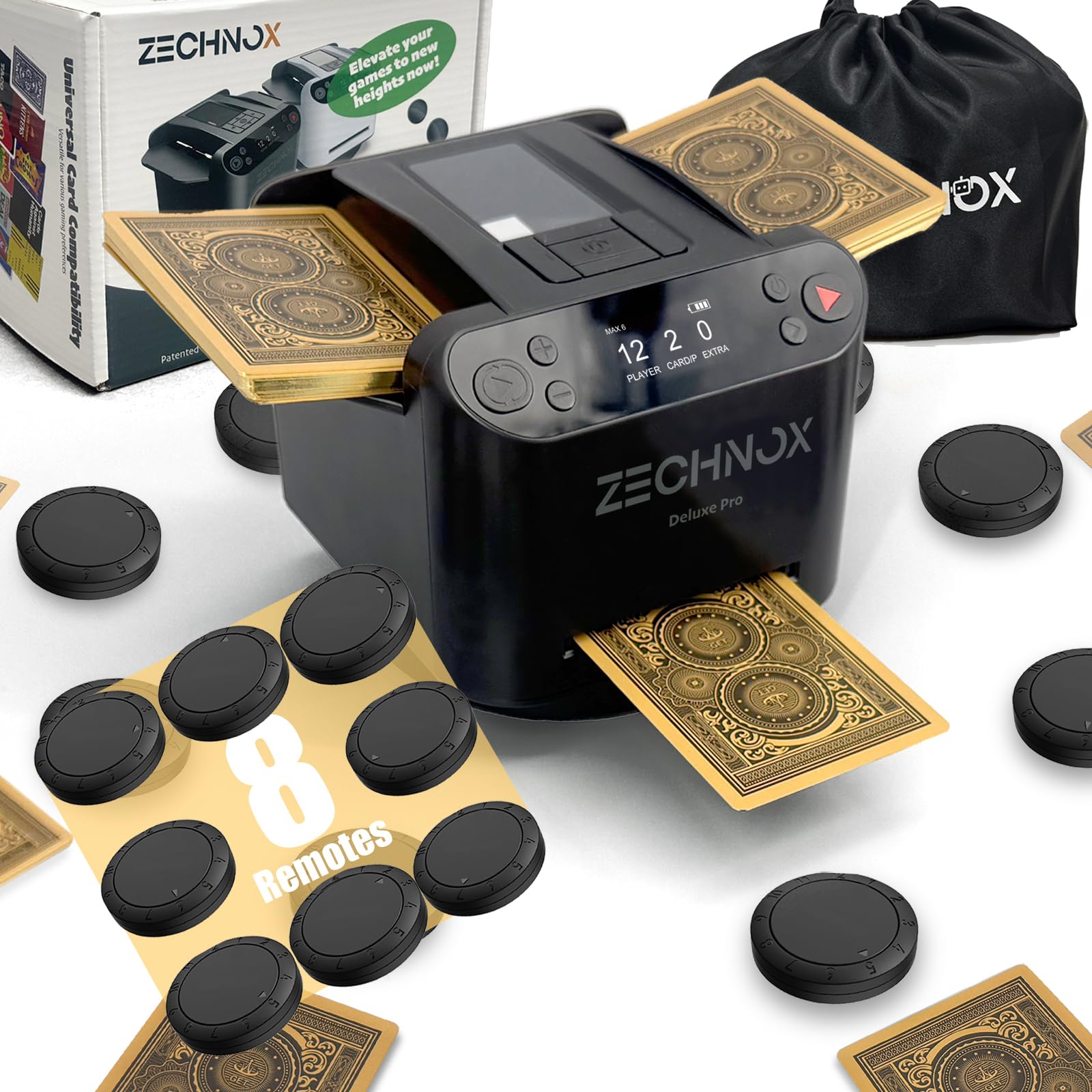 New Smart 3-in-1 Automatic Card Shuffler and Dealer,Programmable Card Dealer,Card Shuffler 2 Deck,360° Rotation,Ultra Quiet,Rechargeable,Support 12 Players (8 remotes+Carry Bag)