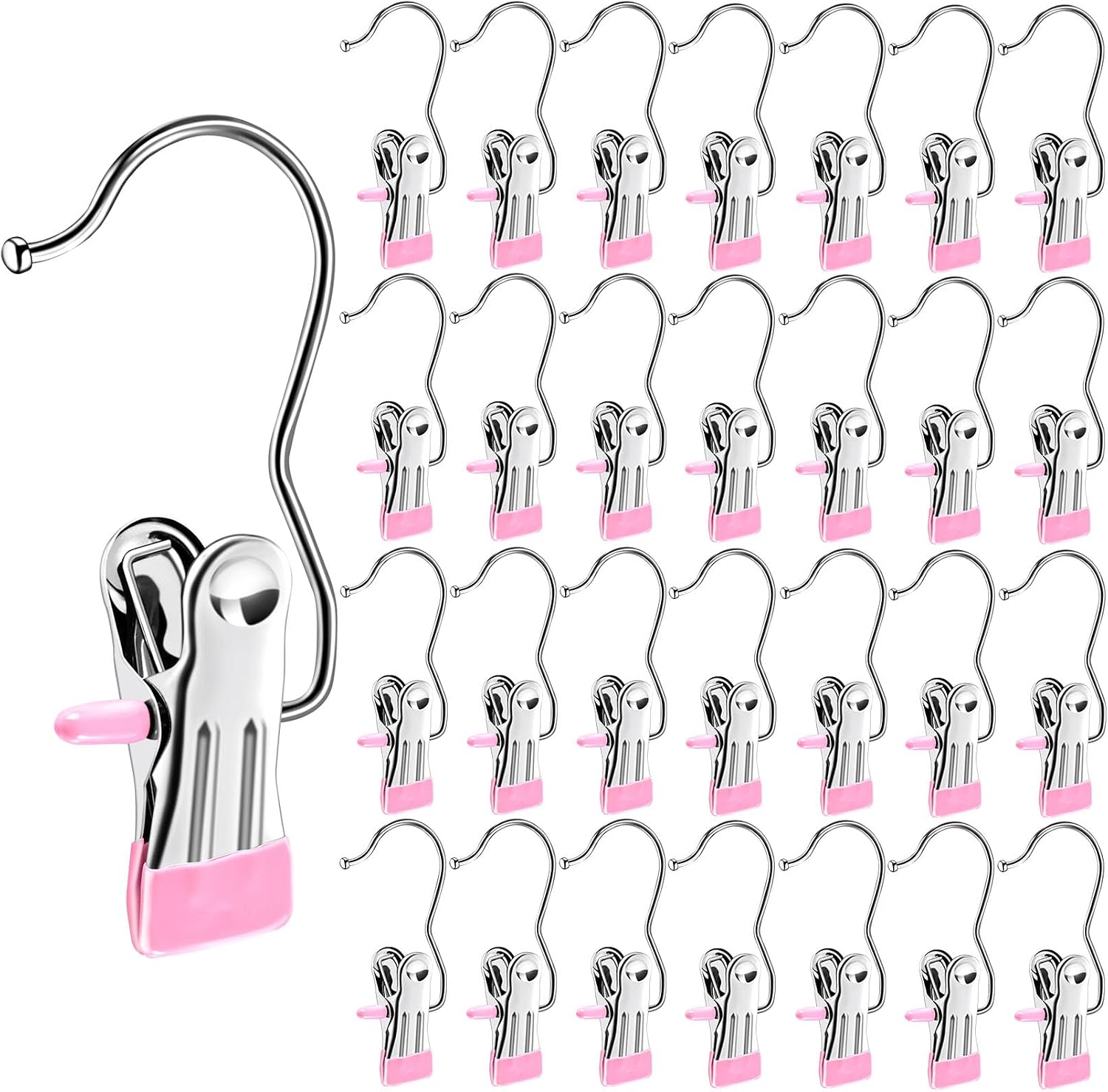 30 Pack Boot Hangers for Closet, Pink Laundry Hooks with Clips | 360° Swivel Stainless Steel Boot Hanger Clips, Portable Hangers Single Clip, Space Saving Boots Clip for Hanging Shirts Pants