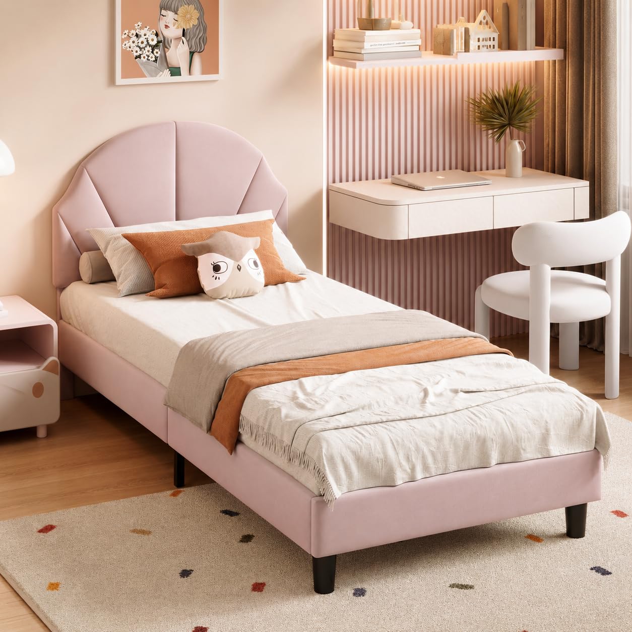 HYNHXBP Princess Shell Headboard Single Bed 90x190 cm for Girls, Upholstered Velvet, Height Adjustable, Wooden Slats Included, Child & Teen Bedroom Furniture (Pink-B, 90x190cm)