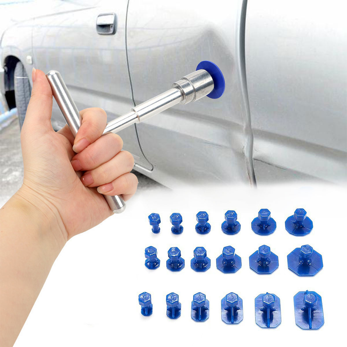 Kit Rimozione Ammaccature Auto 19 Pezzi Ausla: Con Barra A T E 18 Linguette Per Colla PDR, Senza Verniciatura
