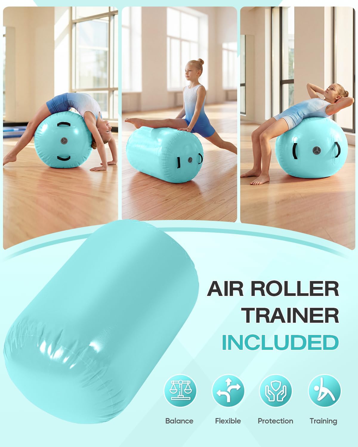 10ft Gymnastics Mat with Air Roller Tumbling Barrel Back Somersault Backbend Trainer for Inflatable Gymnastics Springboard Back Handspring Equipment, with Electric Pump