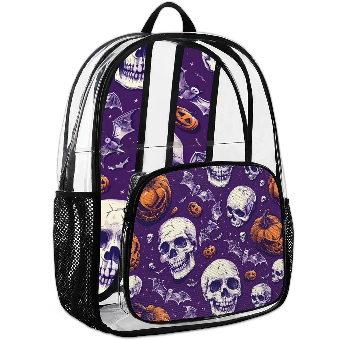 Shoblo Skull Pumpkin Bat Clear Backpack Stadium Approved Heavy-Duty See Through Bag Waterproof Clear Backpack for Concerts Work Sports & Events Large