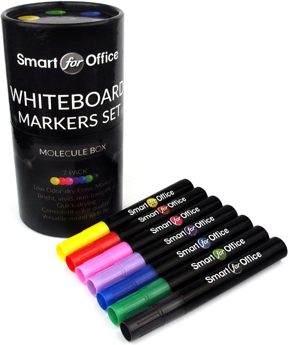 Whiteboard Marker Set by Smart for Office, Handmade 7 Pack, Unique Storing Box, Exclusive Design, Low-Odor, Long Life, Dry Erase, Round Wide Tip, Wanted Fresh Vivid Colors