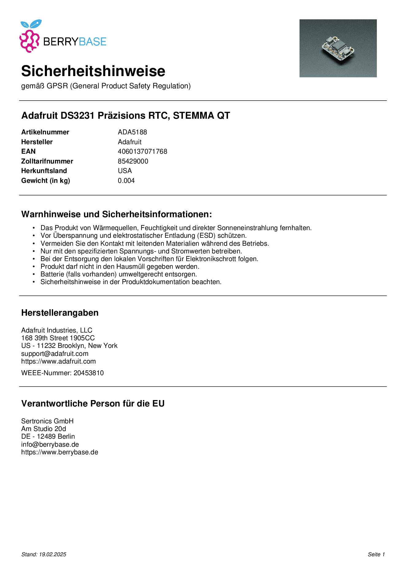 Adafruit DS3231 Precision RTC - Stemma QT (5188)
