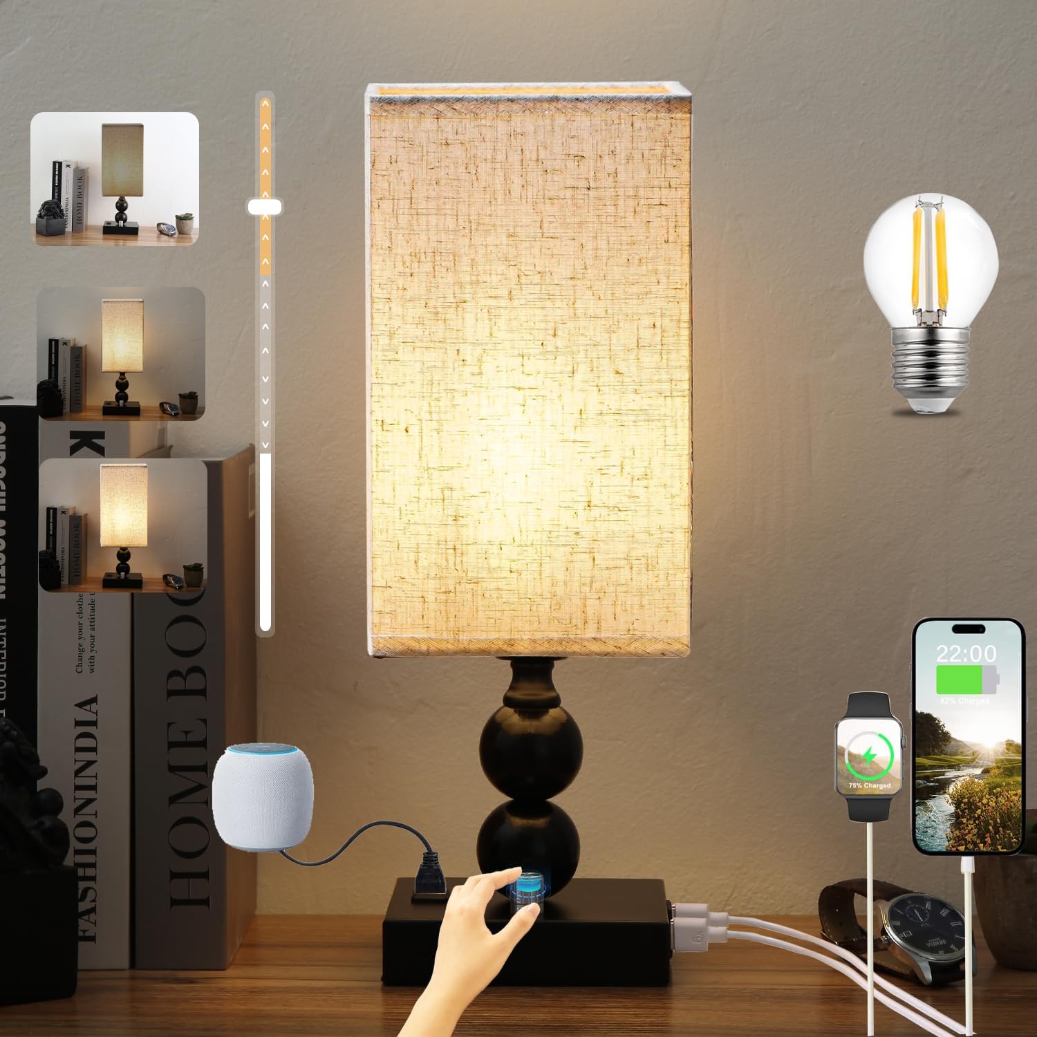 Bedside Table lamp Dimmable with Charging Station, Small end Desk Nightstand Lamps with USB Ports and outlets for Bedroom Living Room Office Reading Gifts Home Decorative LED Edison Bulb Included