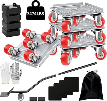 Upgrade 3474LBS Heavy Duty Furniture Dolly & Movers, 6.5" Carbon Steel Panel with 5 360 Rotatable Rubber Universal Wheels, Includes Non-Slip Sliders & Lifter Tool for Moving Pianos, Sofa, Appliances