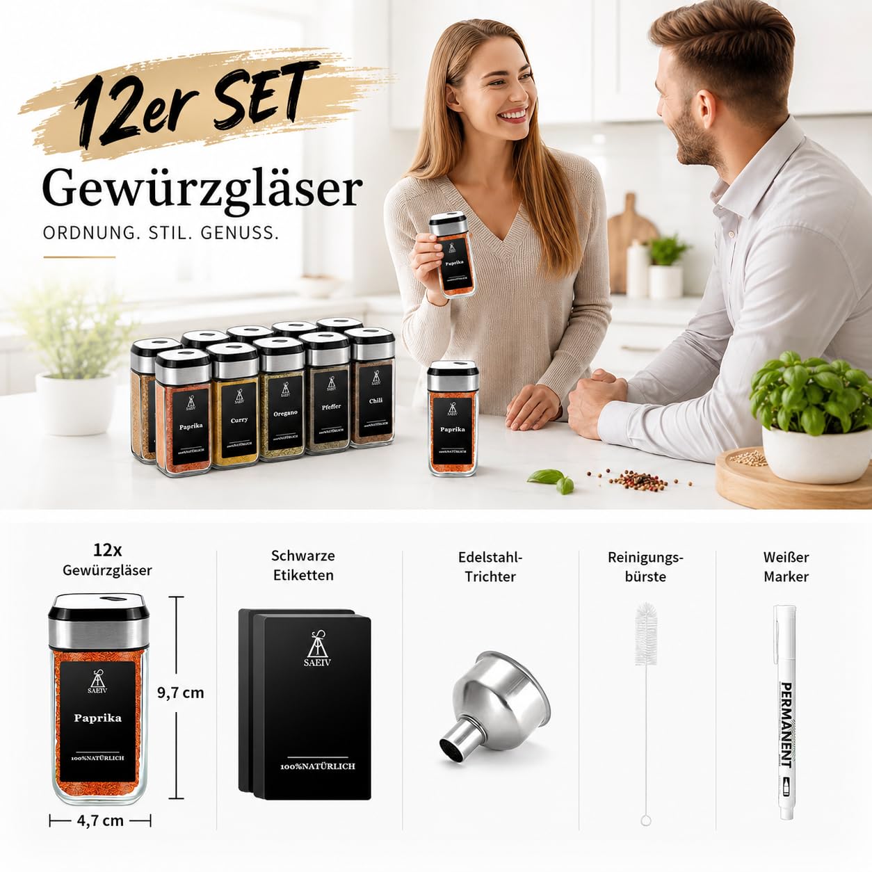 360° Rotation Gewürzgläser Eckig Set | Drei Kaliber, frei einstellbar | 12 Gewürzdosen Mit Gewürzetiketten | Perfekte Organisation Küche Gewürz Organizer | 120ml Gewürzbehälter Glas