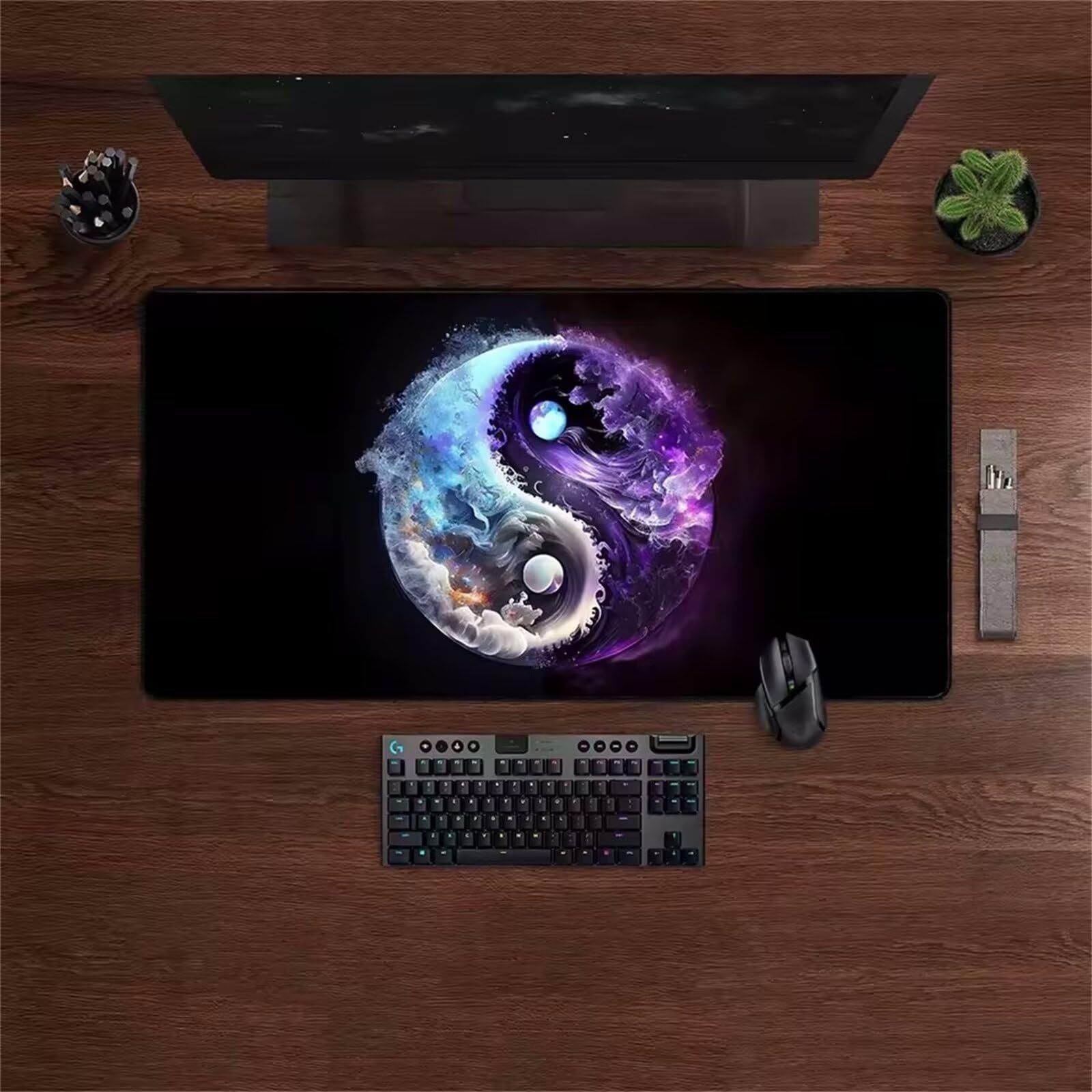 Alfombrilla Ratón Fantasía Yin Yang Alfombrilla Ratón XXL para Juegos,1000x500x3mm Mouse Pad Extendida Bordes Cosidos Base de Goma Antideslizante para Ratón y Teclado