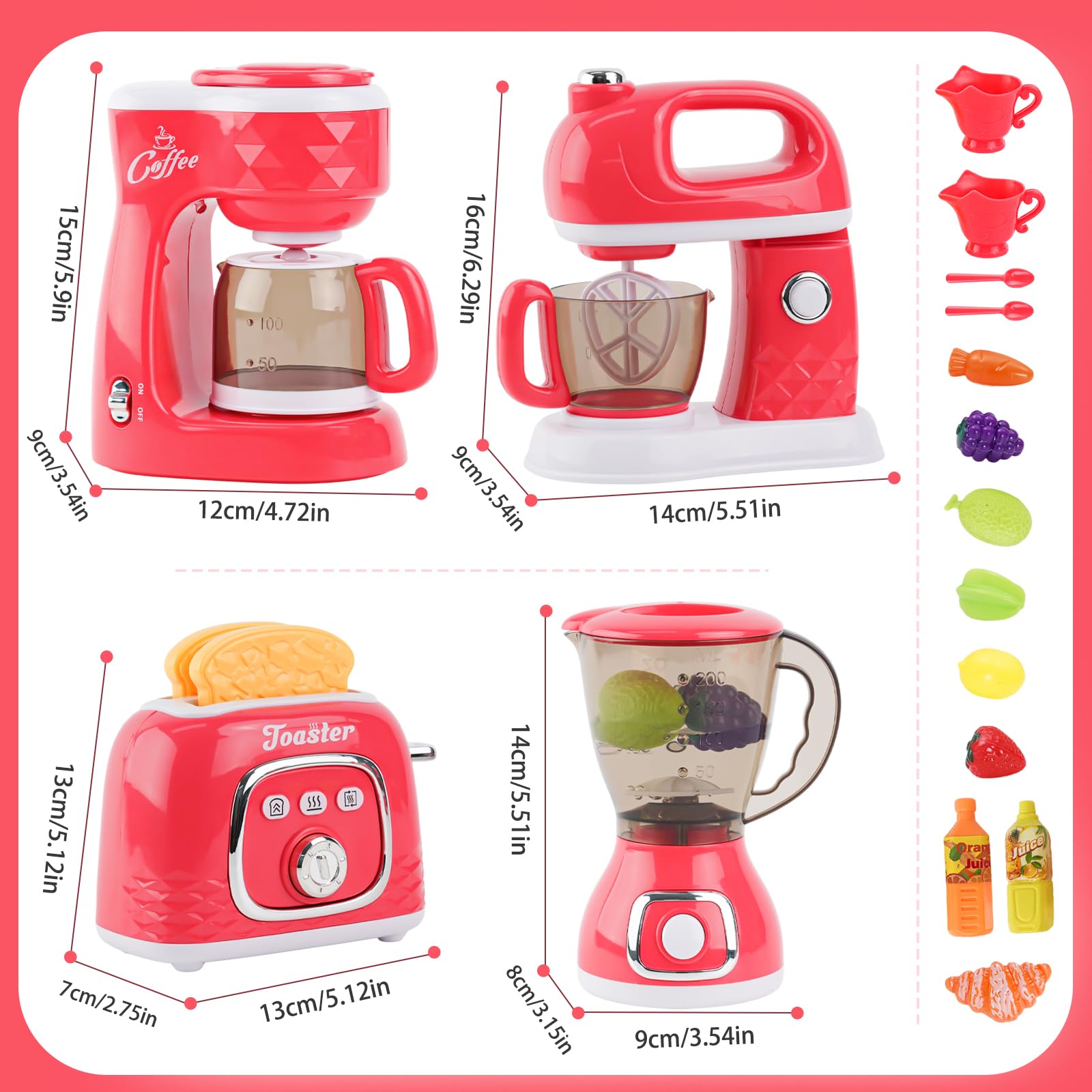 Ensemble d'appareils de cuisine pour enfants avec machine à café, mixeur, grille-pain, batteur, accessoires de cuisine pour enfants, jouets de cuisine de jeu avec aliments, avec lumière et son, jeux