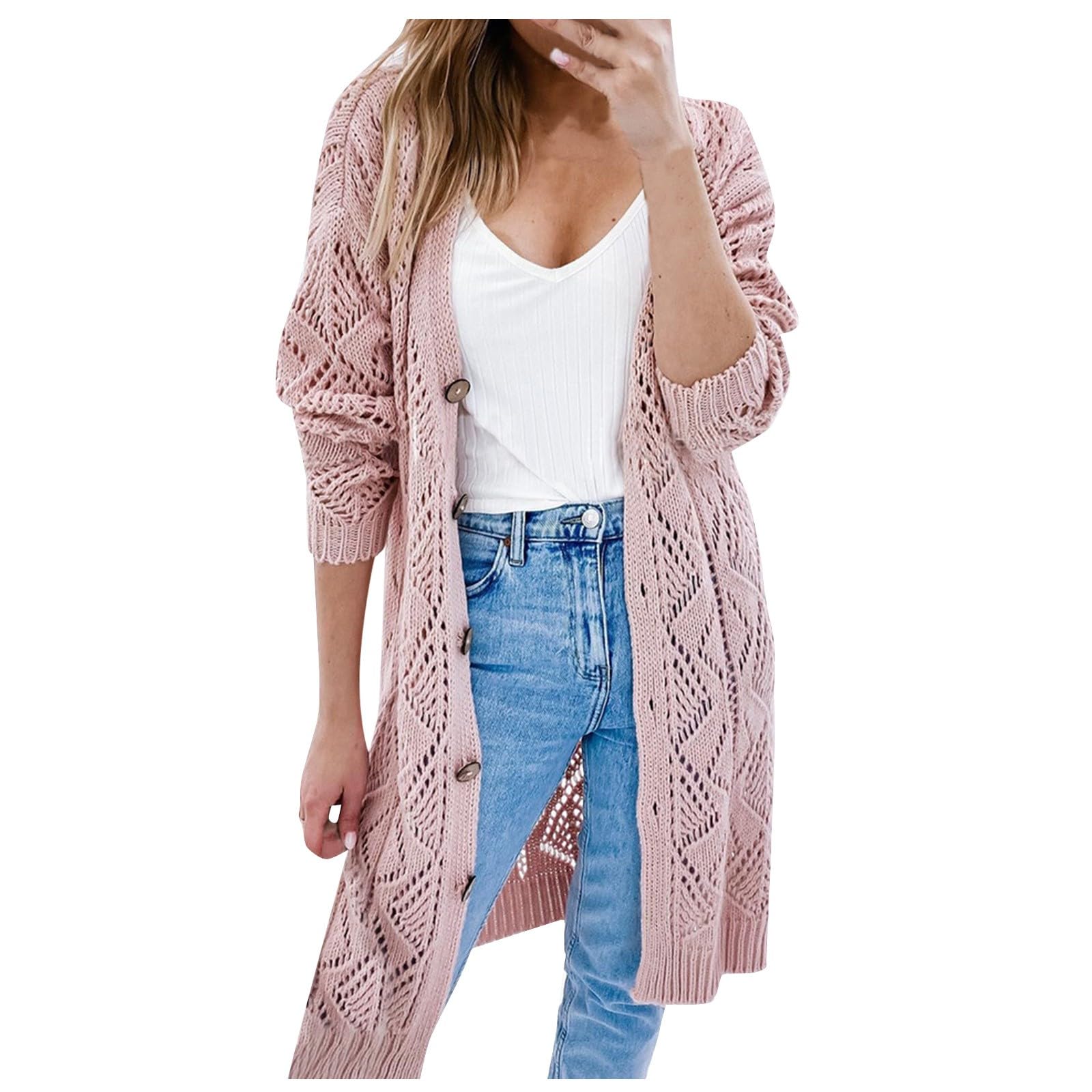 Cardigan Damen, Strickjacke Damen Lang Elegant, Leichte Sommerjacke Langarm Longstrickjacke Dünne Übergangsjacke Regular Fit Einfarbig Strickjacken Für Damen Elegant Strick Jäckchen Frühlingsjacke