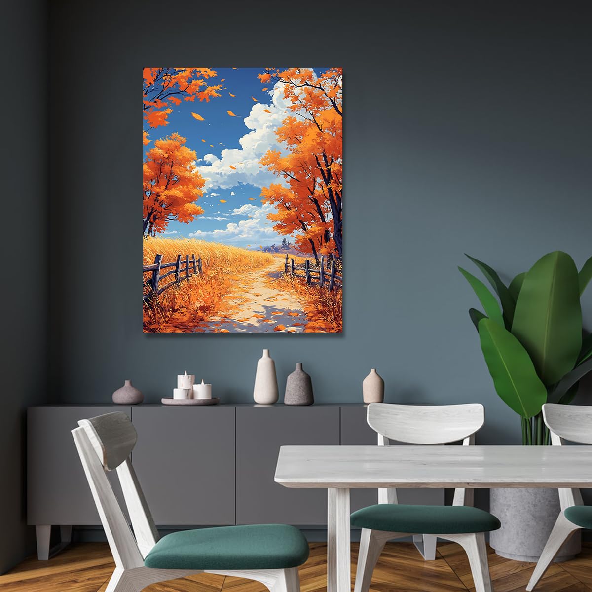 Via Vela Ciel bleu nuages toiles imprimées clôture rustique art mural d’automne sentier d’automne doré encadré affiche paysagère de champ de campagne pour l’entrée décoration de l’étude 70x110cm