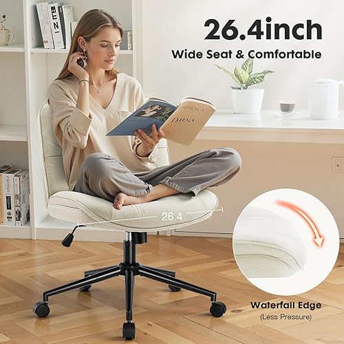 Miniatura 5 de Sweetcrispy Silla cruzada con ruedas, asiento ancho de piel sintética sin brazos, silla de tocador de escritorio de oficina, cómodas sillas
