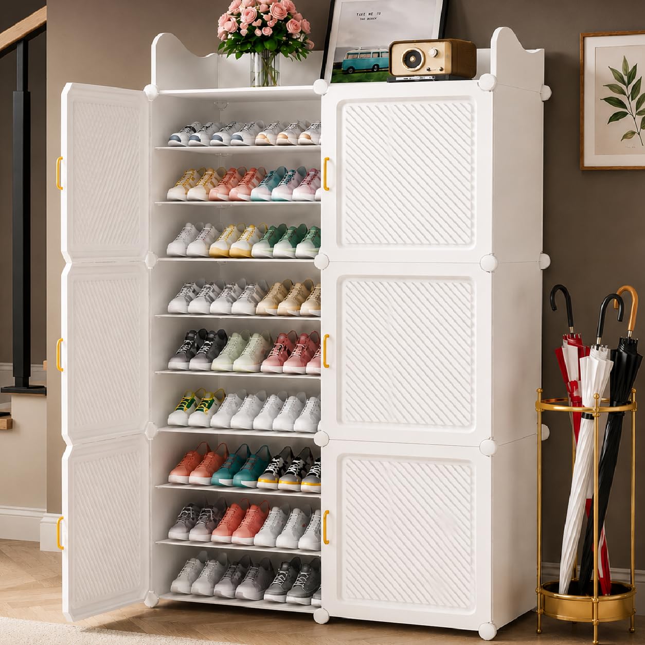Exvito Plastic Shoe Rack for Home with Door, 6-Door Shoe Storage Cabinet | 18-Shelfs for 36 Pairs | Waterproof & Portable DIY Shoe Slipper & Chappal Stand for Entryway/Bedroom - HV2_9