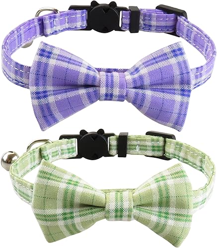 Miniatura 1 de Love Dream Collar de gato con pajarita y campana, paquete de 2 collares de gato a cuadros para gatitos, gatos, cachorros y gatitos, verde y morado