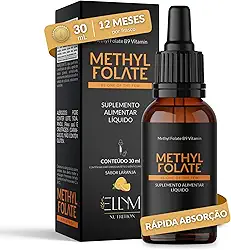 Vitamina B9 Metilfolato em Gotas Sublingual 30 mL ELLYM NUTRITION Sabor Laranja O Ácido Fólico Auxilia na Formação do Tubo Neural do Feto Durante a Gravidez (30 mL)