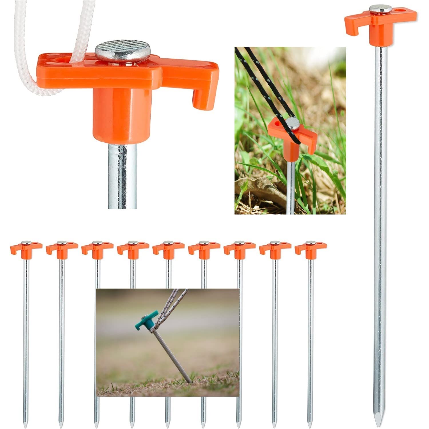 DWD® Heavy Duty Storm Proof Tent Pegs, Pack of 12 Hard Ground Anchors,25 cm,Steel Ground Stakes, Camping, Red 7mm Guauge Durable Forged Galvanised Steel Stake for securing Gazebo,Ground Sheets