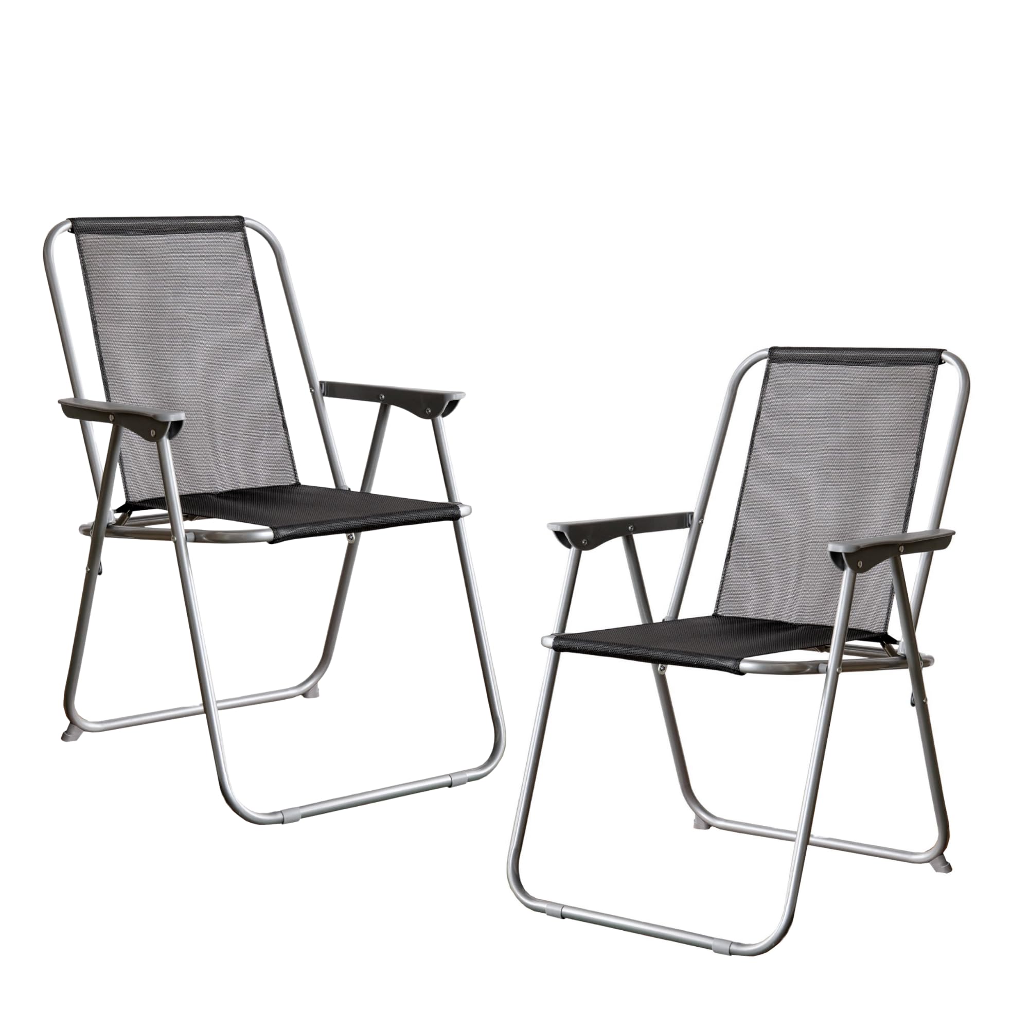 Foldable Garden Chairs Set – Outdoor Folding Chair with Grey Metal Frame & Black Fabric – Lightweight Patio Deck Chairs for Camping, Picnic, Beach – Packs of 2