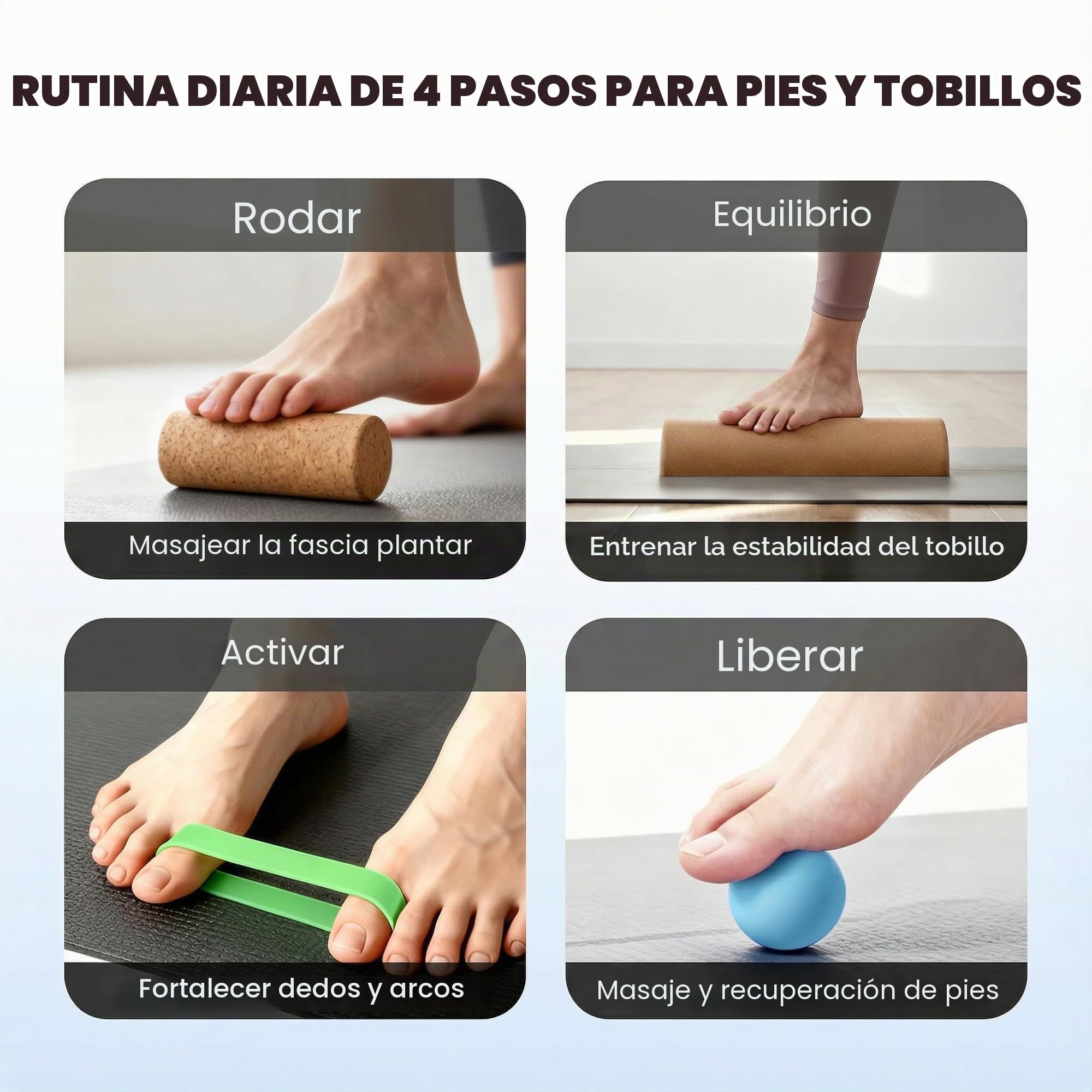 Tabla de equilibrio de corcho 4 en 1 para pies y tobillos – Kit de entrenamiento y propiocepción con bloques, rodillo, pelota de masaje y bandas – Fisioterapia, estabilidad y prevención de caídas