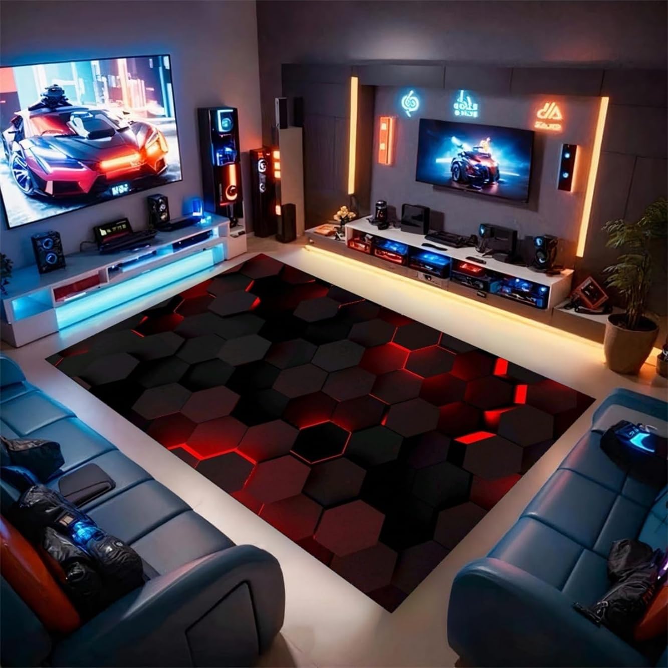 Tapis de Salon et Chambre,Motif Géométrique Néon 3D Cool, Salle de Jeux Vidéo pour Adolescents Garçons,Tapis de Sol Antidérapant en Flanelle Douce Gaming Rug (Rouge,120 * 180cm)