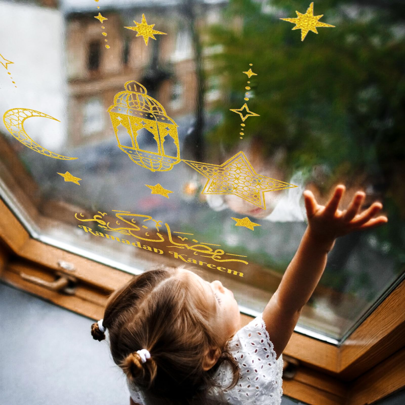 Adesivi Per Finestre Eid Mubarak Ramadan | 9 Fogli In PVC Oro, Riutilizzabili, Luna E Stelle | Decorazioni Festa Casa, 11,8x7,9 Pollici