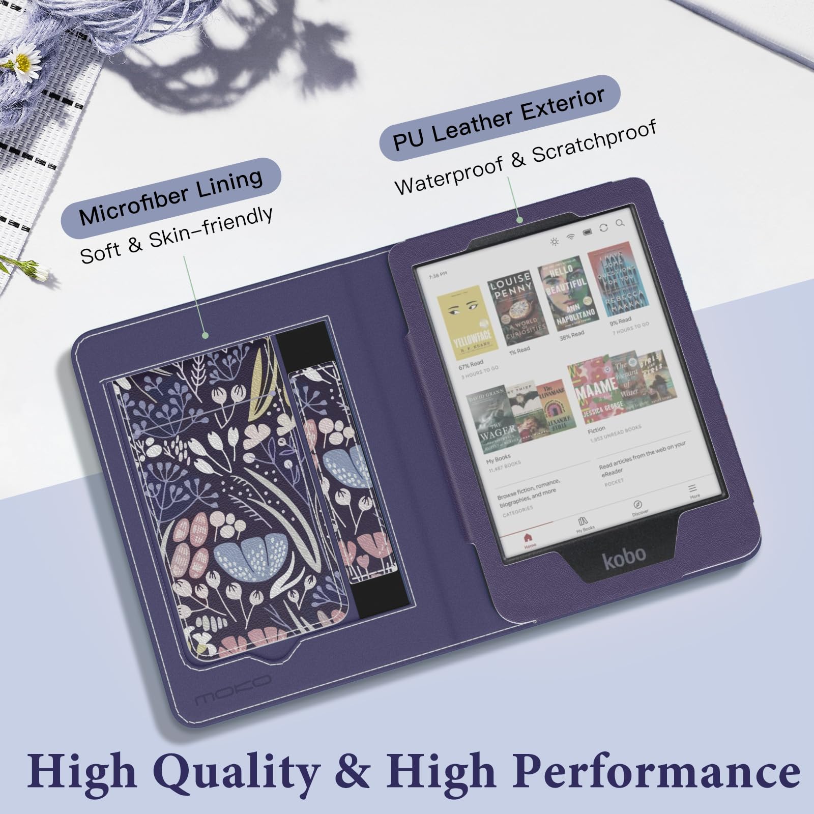 MoKo Case dla Tolino Shine Color/Shine 5(2024)/4(2022) Kobo Clara Colour/BW/2E, PU Cover z Auto-Awakening/Sleep, Slot, Pasek i Podpórka, Nocny Niebieski