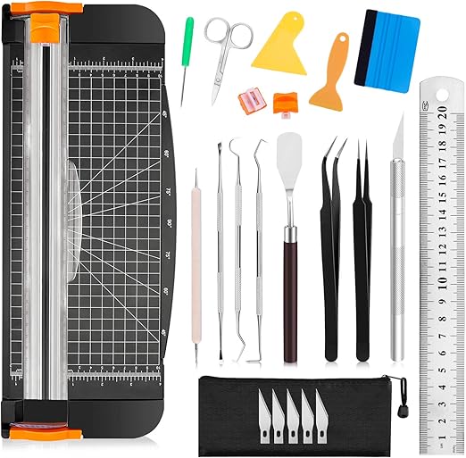 Famomatk 23PCS Weeding Tools for Vinyl, Craft Weeding Tools Set with 12Inch Paper Cutter and Trimmer for Scrapbooking,Silhouettes,Cameos,Lettering,Cutting,Craft Paper, Labels and Cardstock(Black)