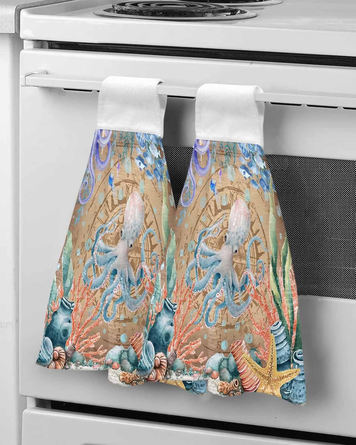 Octopus Coastal Kitchen Hand Towels with Hanging Loops Set of 1 Summer Nautical Starfish Coral Brown Anchor Soft Thick Oven Fingertip Dry Microfiber Tie Dish Towel Absorbent Cleaning Washcloth