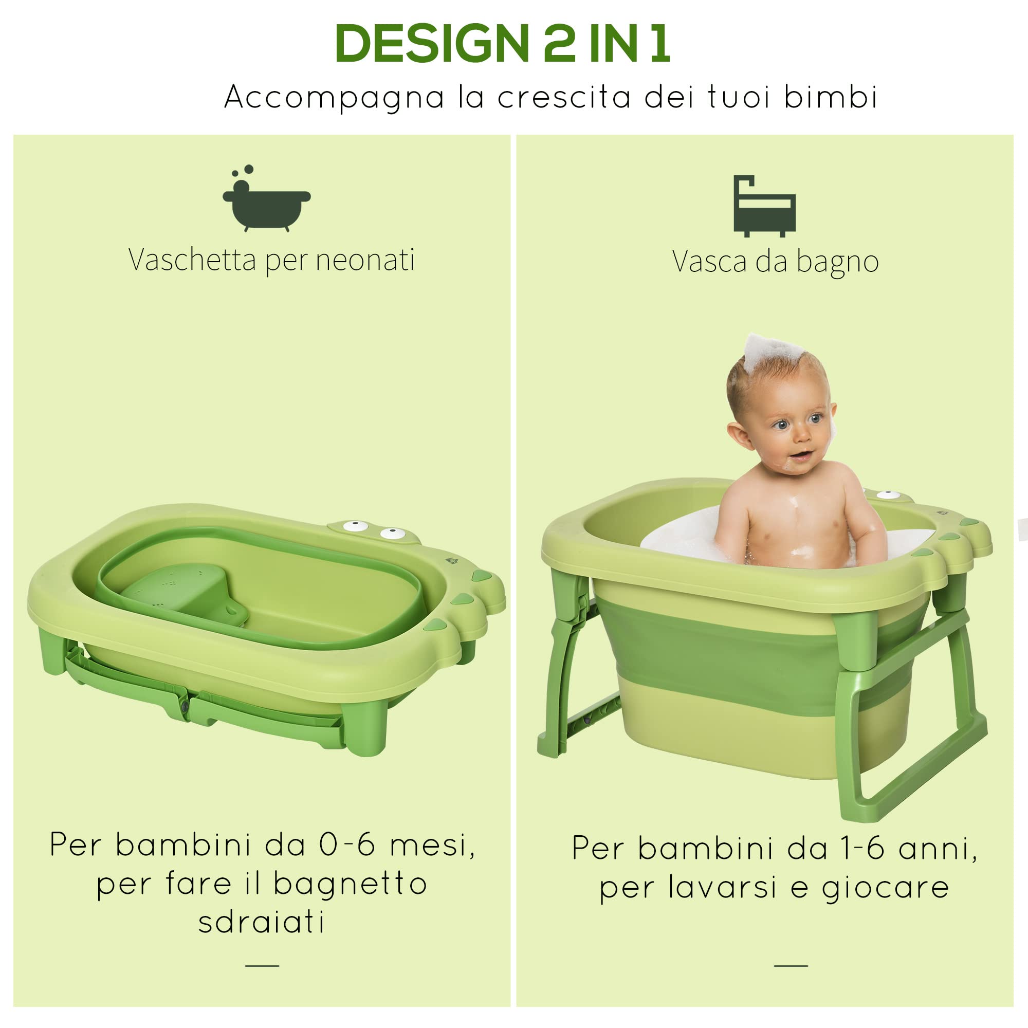 HOMCOM Vaschetta Bagnetto Neonato Pieghevole con Supporto Antiscivolo, Vaschetta da Bagno Portatile per Neonati e Bambini di 0-6 Anni con Foro di Scarico, 75.3x55.4x43cm, Verde