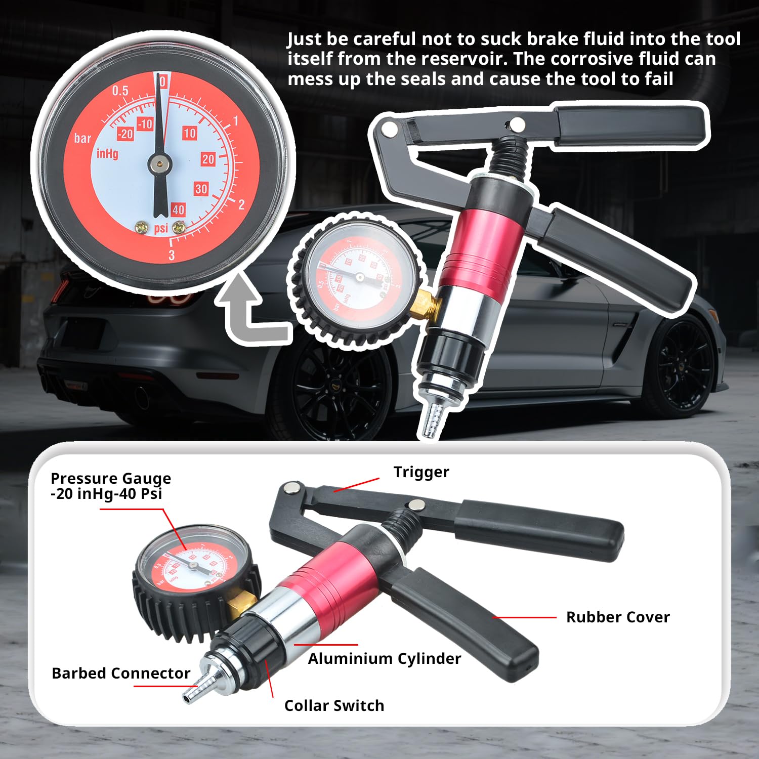 Kit di Spurgo Freni Auto, Tester Manuale per Pompa a Vuoto e Pressione, Kit di Spurgo Liquido Freni e Frizione per Auto e Moto