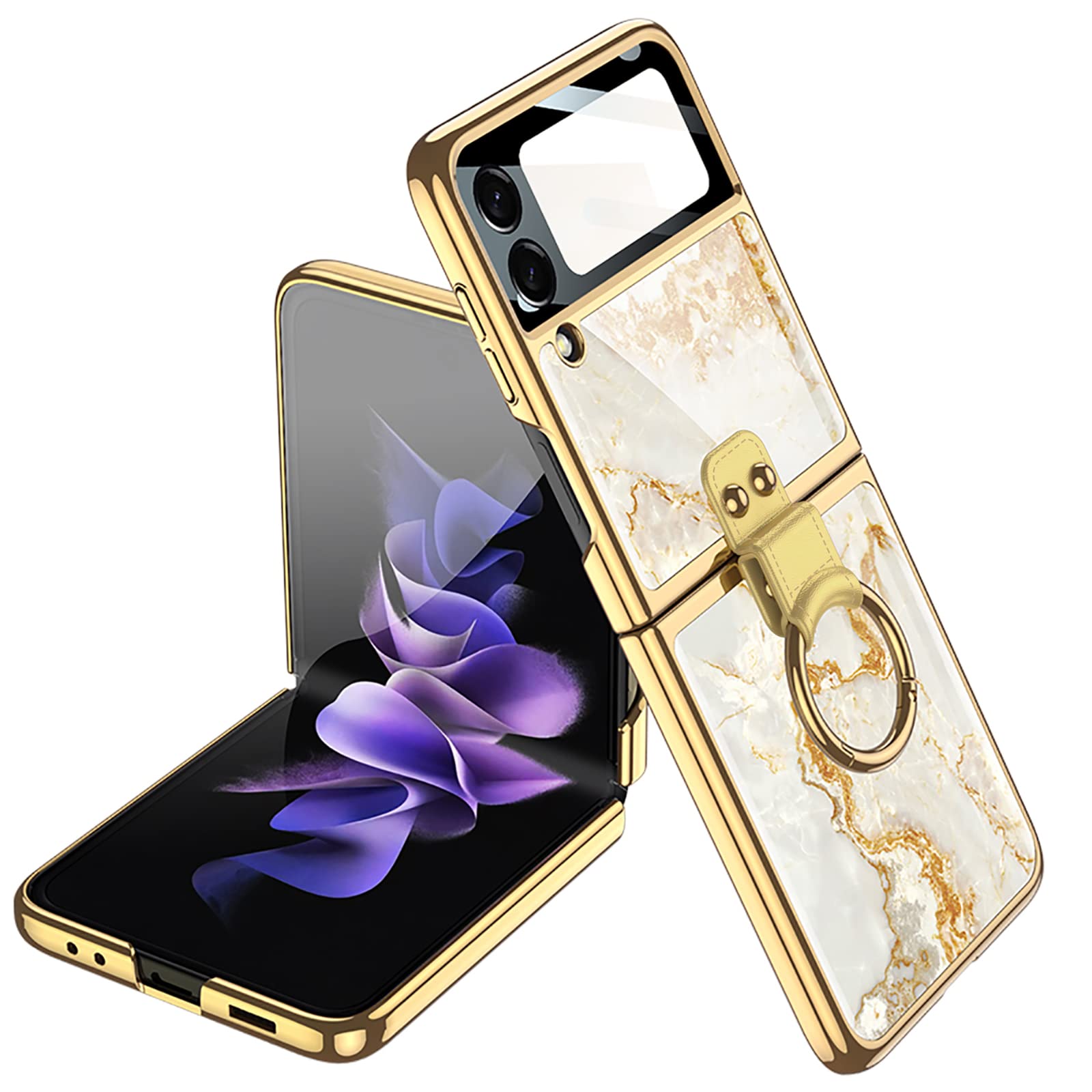 Photo 1 of BAILI Samsung Z Flip 3 Case with Ring,Ultra-Thin 9H Tempered Glass,Electroplating Color Painting Galaxy Z Flip 3 Case,Fashion and Luxury Marble Pattern Design,Gold Thread Samsung Galaxy Z Flip 3 5G 2021 Golden Thread
