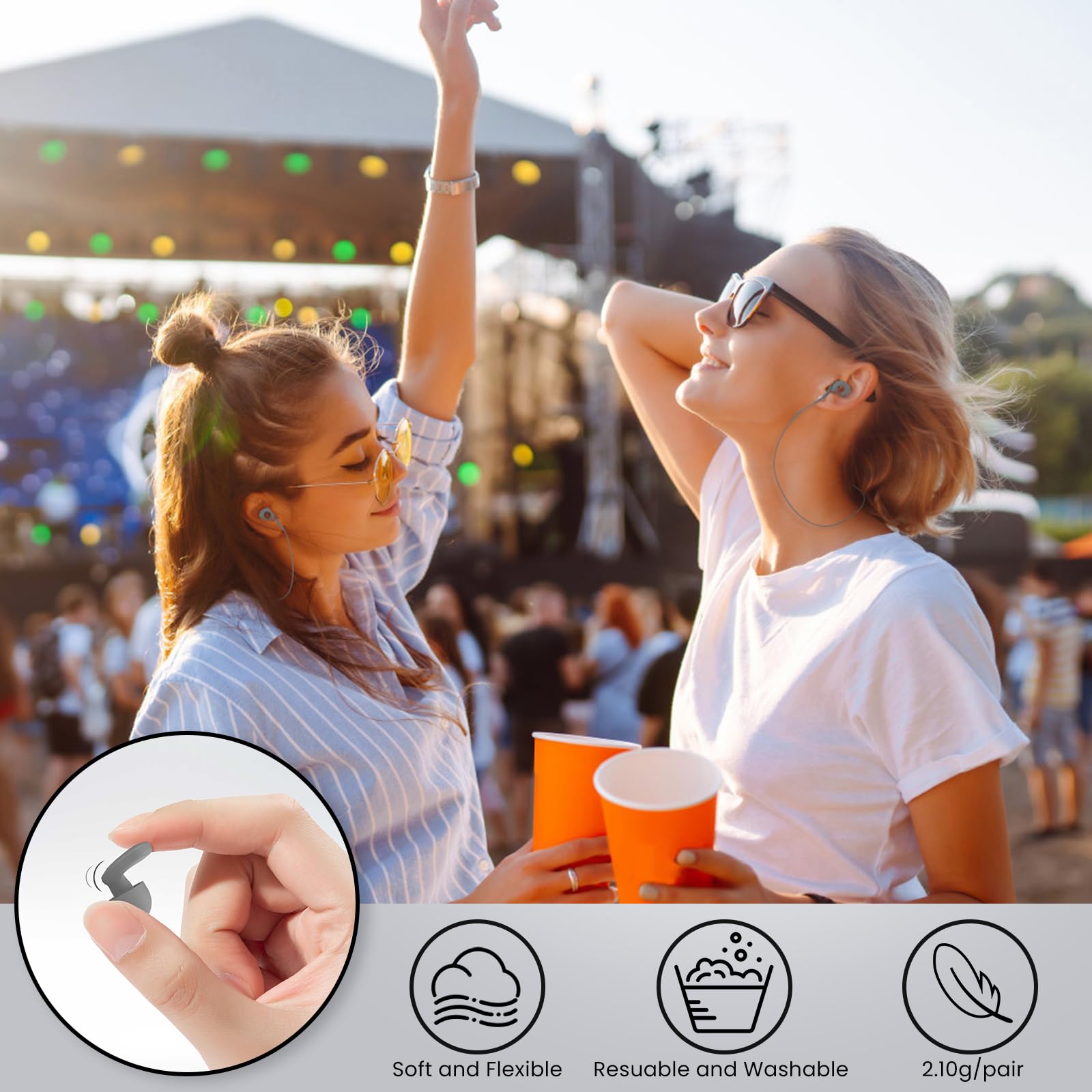 2 pares de tapones para los oídos para dormir, tapones reutilizables para los oídos con 8 pares de almohadillas para los oídos y un cable conector, tapones suaves para los oídos para reducción