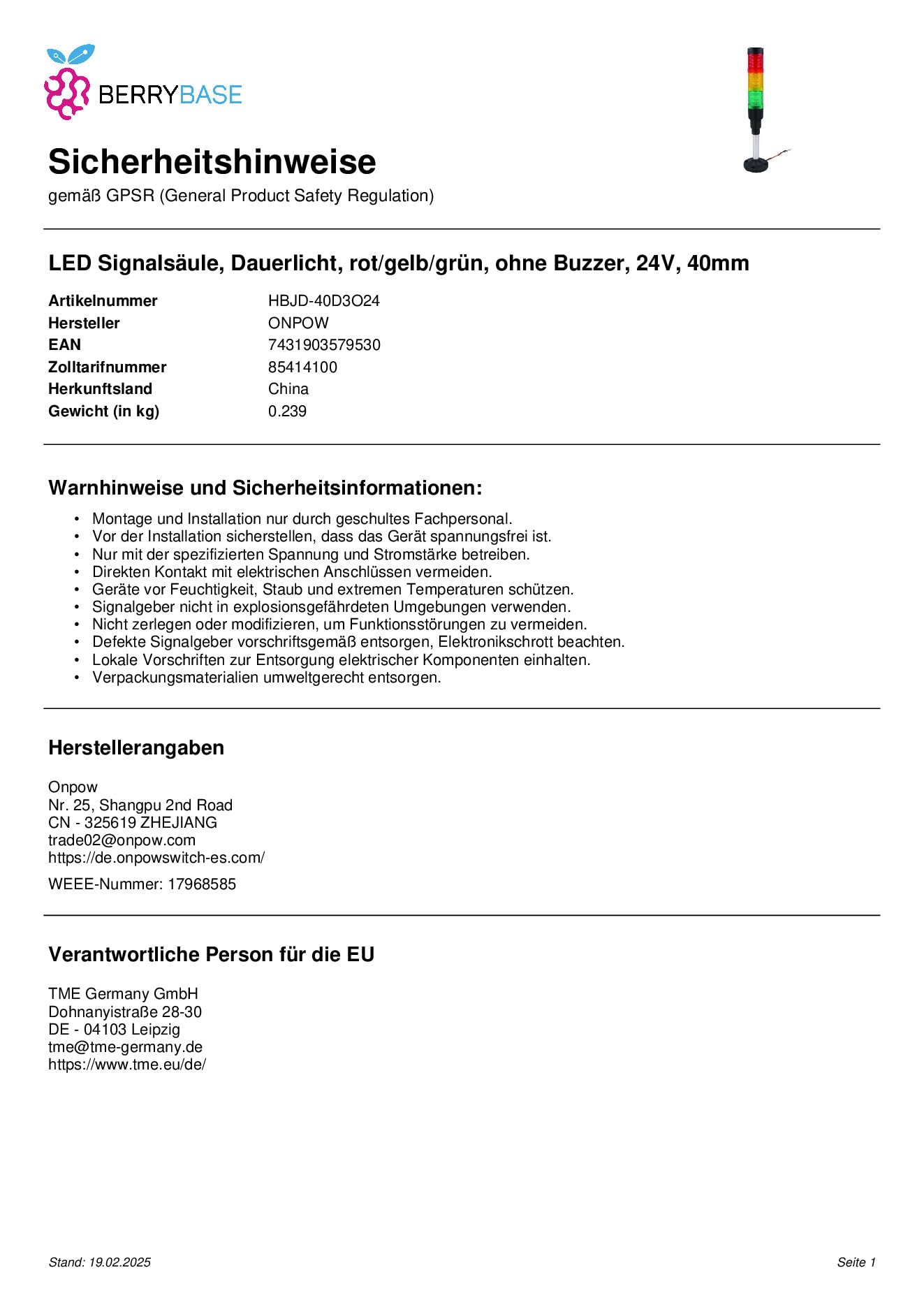 HBJD-40/D/3/RYG/24AC/DC/B Segnalatore: colonnina di segnalazione LED rosso/giall