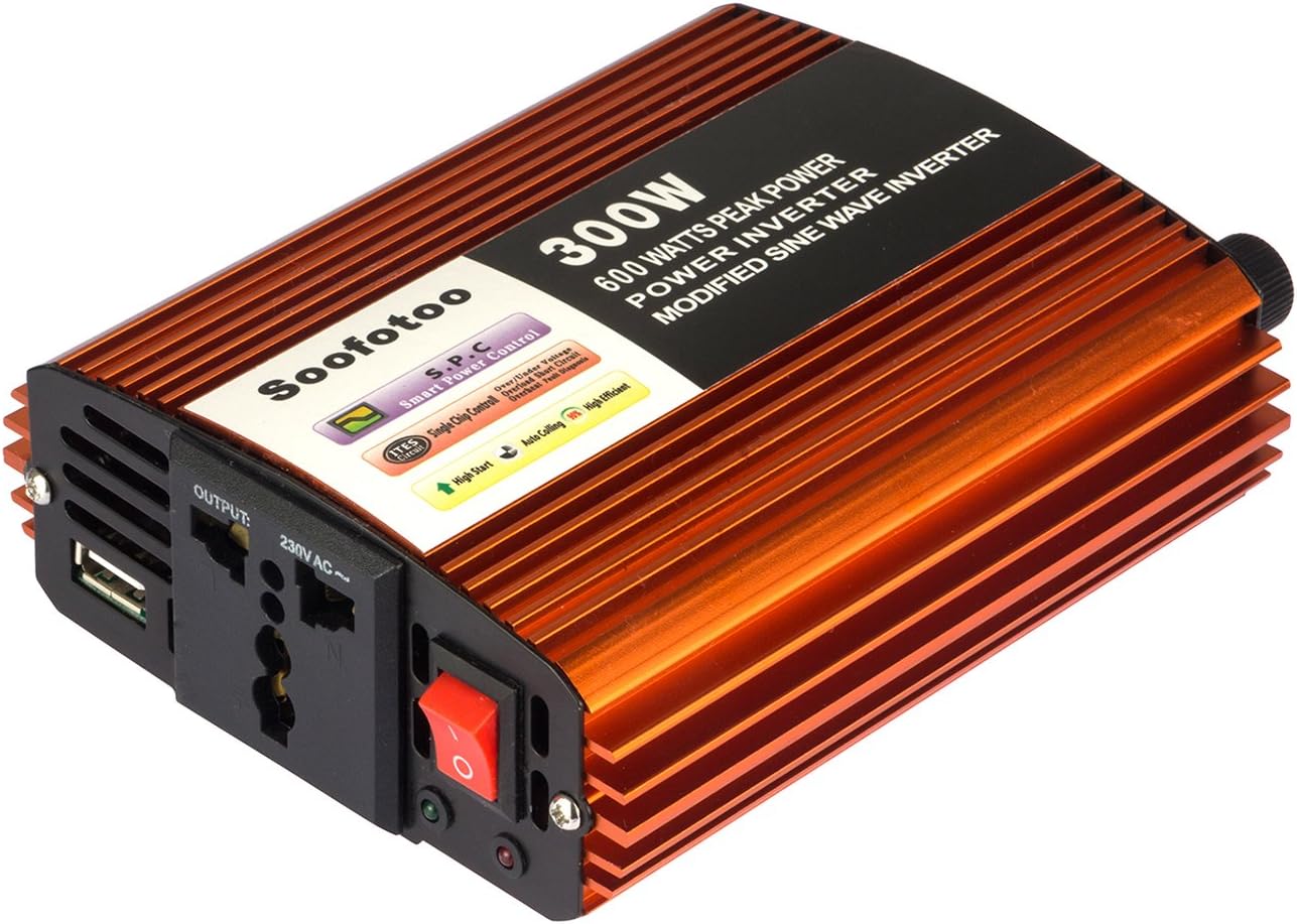 Soofotoo 300 Watt (600w Peak) Power Inverter DC 12V to 230V AC Converter with UK Outlet 5V 2A USB Port for Laptop PC Smartphone Camera Tablet PC