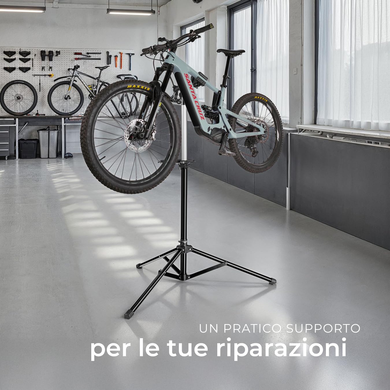 tectake® Cavalletto Manutenzione Bici, Cavalletto per Bici Pieghevole, Supporto Bicicletta, Girevole 360°, Altezza Regolabile, Stabilizzatore Ruota Anteriore, Carico Max 50 kg - Nero