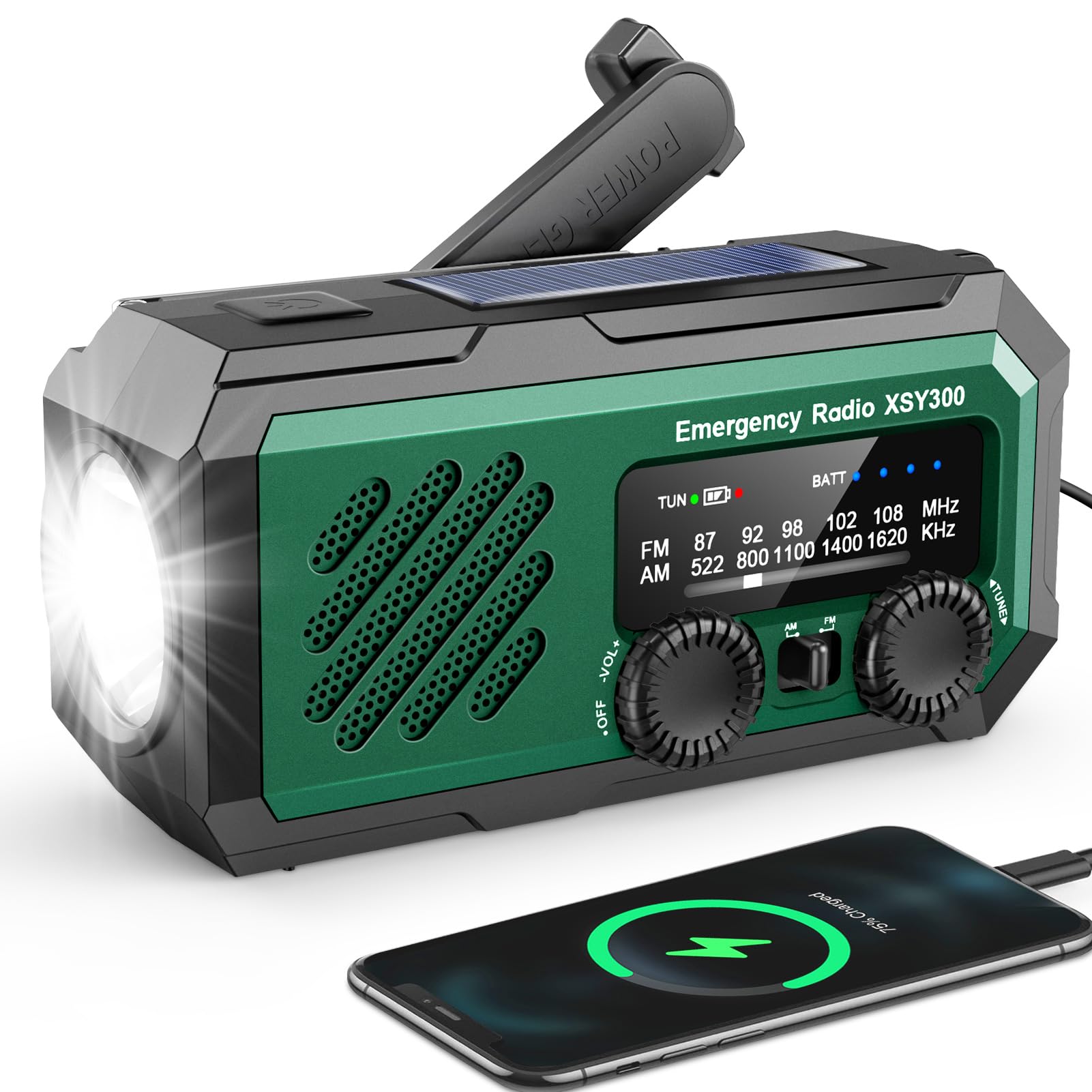 YIKANWEN Tragbares Notfall-Kurbelradio, 2000mAh Wiederaufladbare Batterie, AM/FM Radio mit LED-Taschenlampe für Drinnen und Camping im Freien, Dunkelgrün