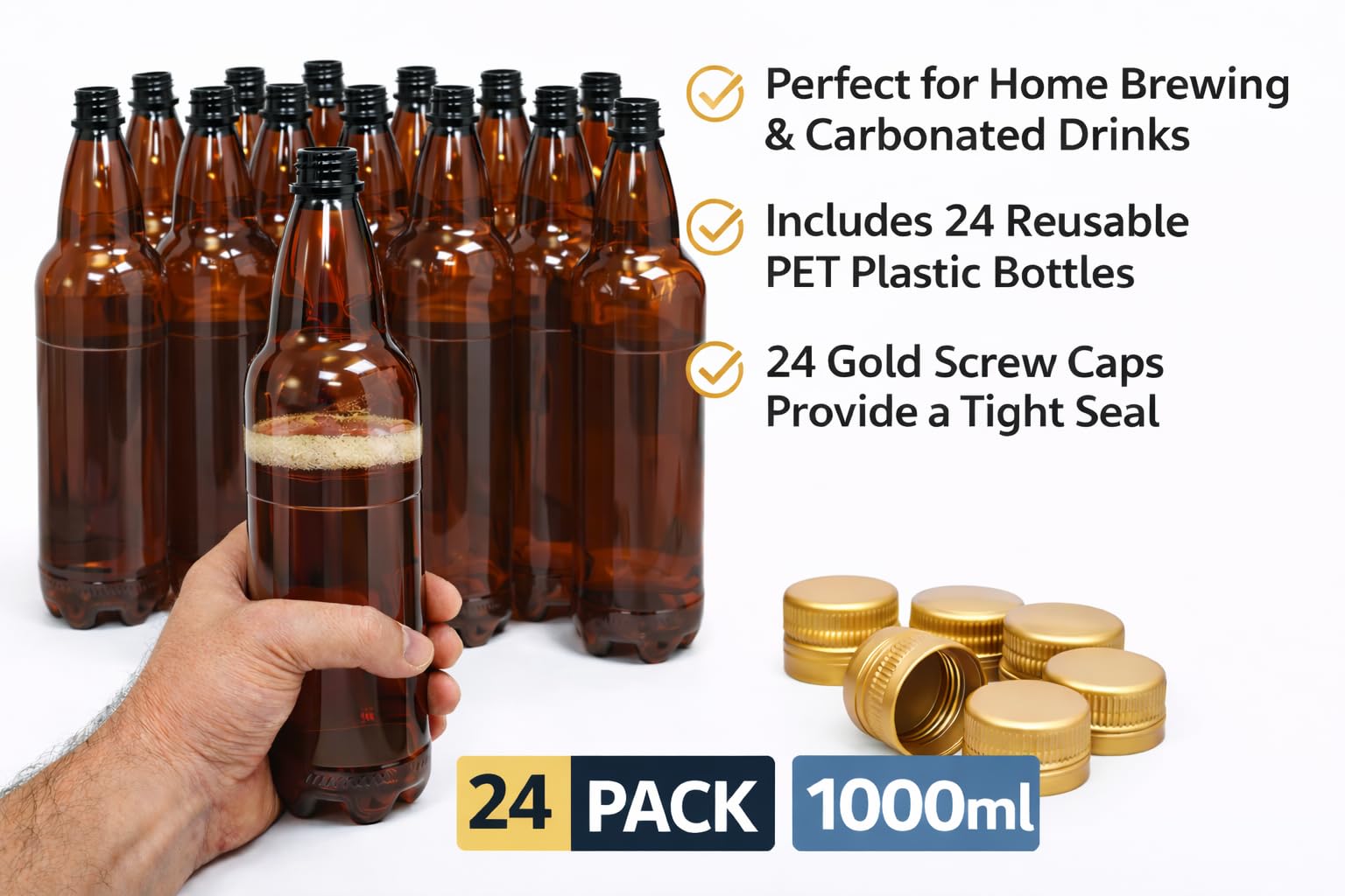 Botella de PET de 1 L con tapón de rosca 24 x para almacenamiento de cerveza, elaboración casera