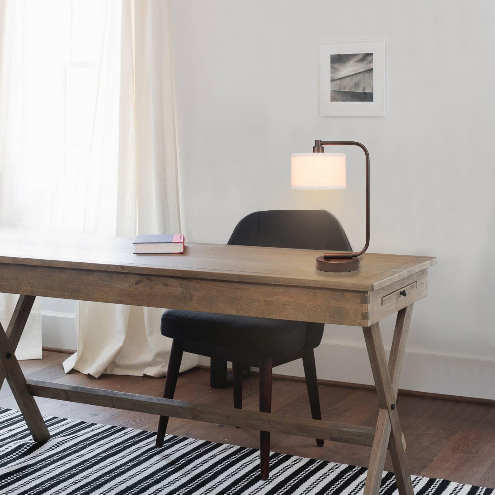 Lámpara de mesa para dormitorio con puerto USB, moderna lámpara de noche con pantalla de tela de lino, luz de mesita de noche para sala de estar, oficina de lectura, acabado de bronce 3