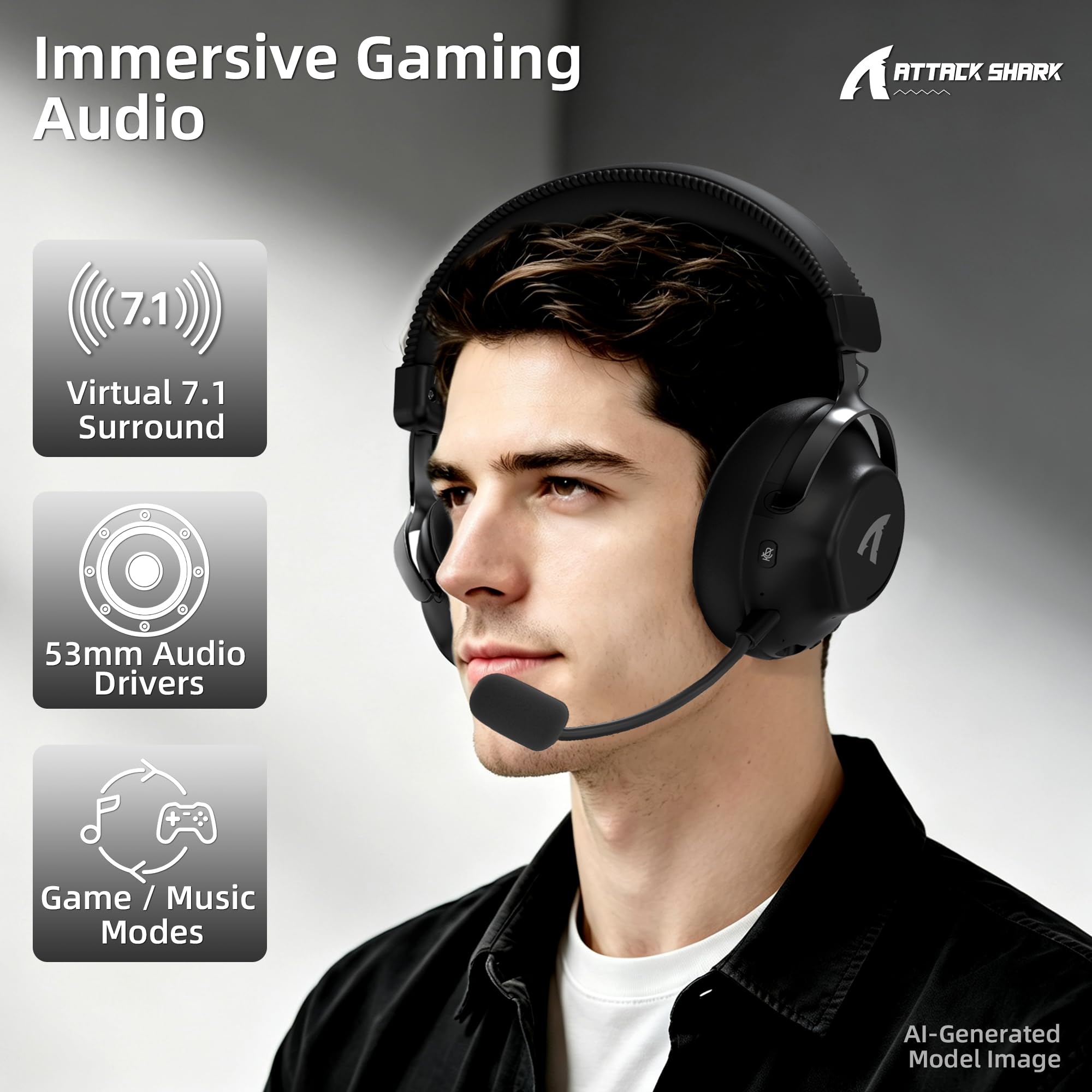 ATTACK SHARK L50PRO 3-Modos 53mm Cascos Gaming Inalámbricos 7.1 - Negro | Bio-Drivers 53mm, Surround 7.1, 2.4G/BT5.3/Cable para PC/PS/Switch, 64H, Estructura Metálica Ligera, Micro 360° Extraíble