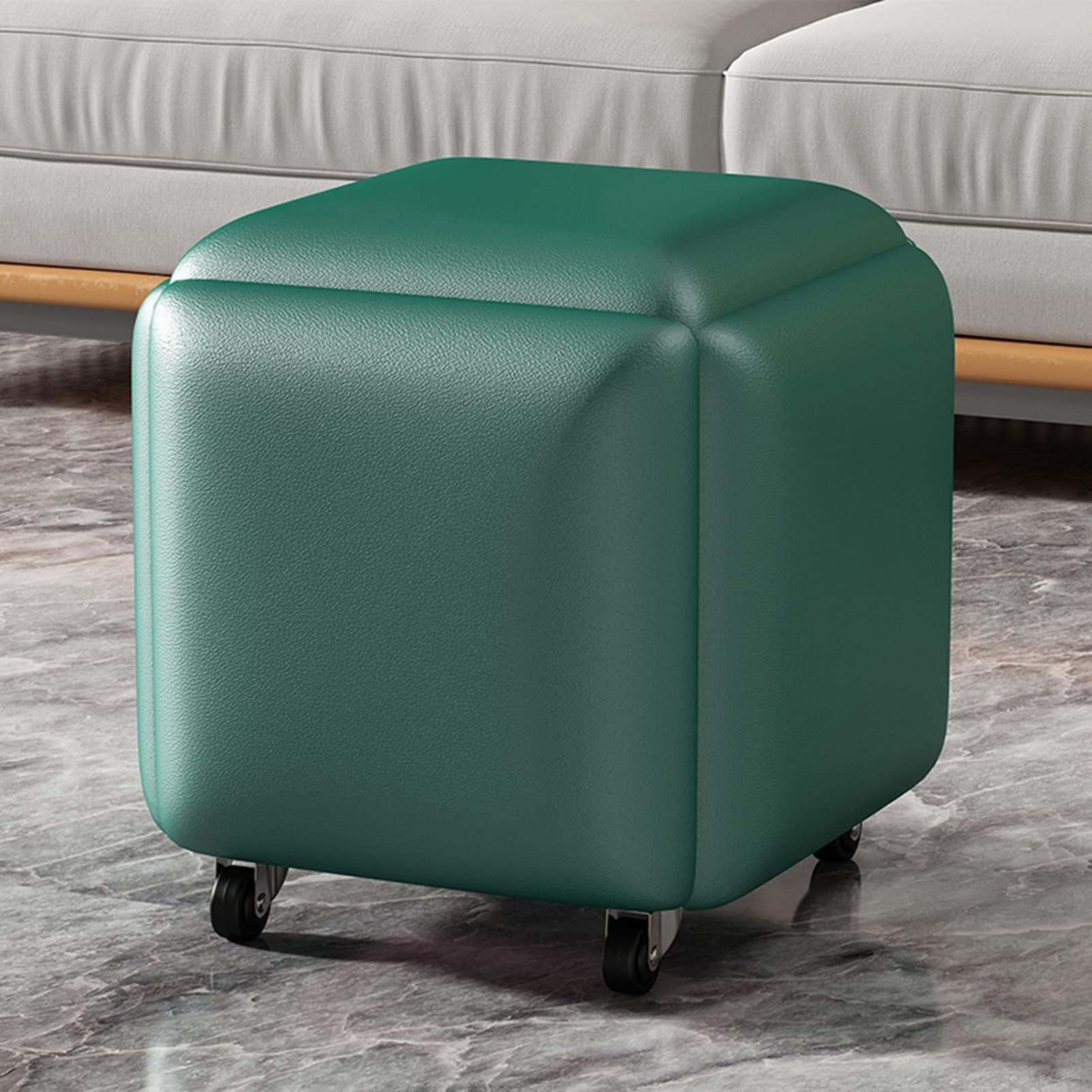 Banc carré en Cuir vert avec roulettes repose-pieds salon modulable