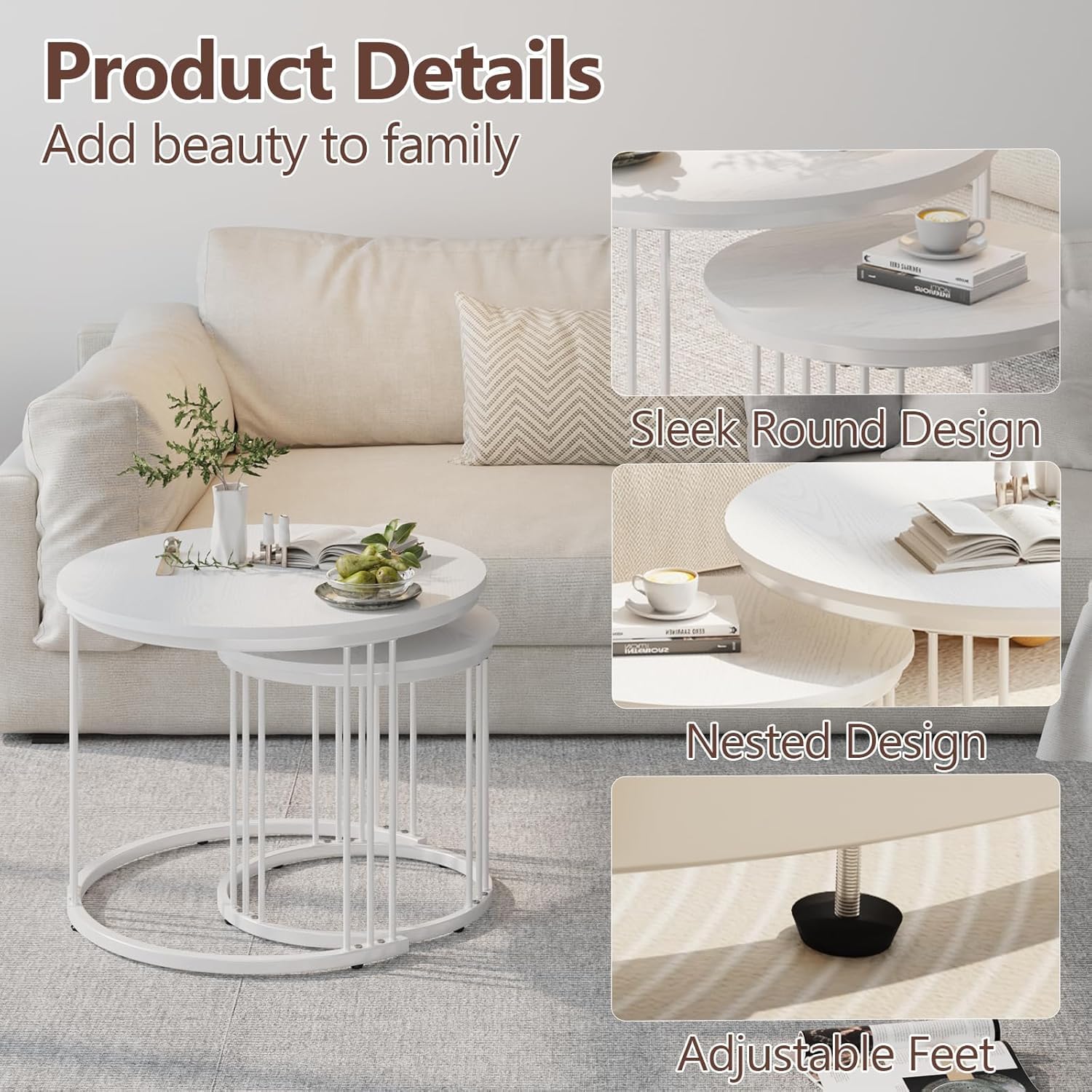 Garden 4 you Couchtisch Rund, Satztisch 2er Set, Wohnzimmertisch Modern, Couchtisch aus Holz, Beistelltisch Set Rund, Kaffeetisch, Sofatisch, Tischkombination fürs Wohnzimmer Büro Balkon (Weiß)
