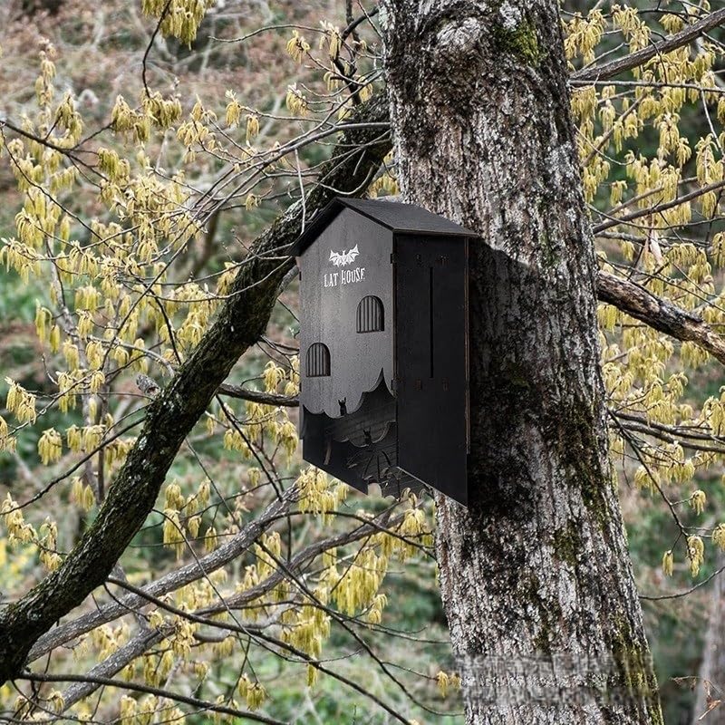 Fledermaushaus aus Holz, schwarz, für den Außenbereich, Wandunterstand, Dreikammer-Design