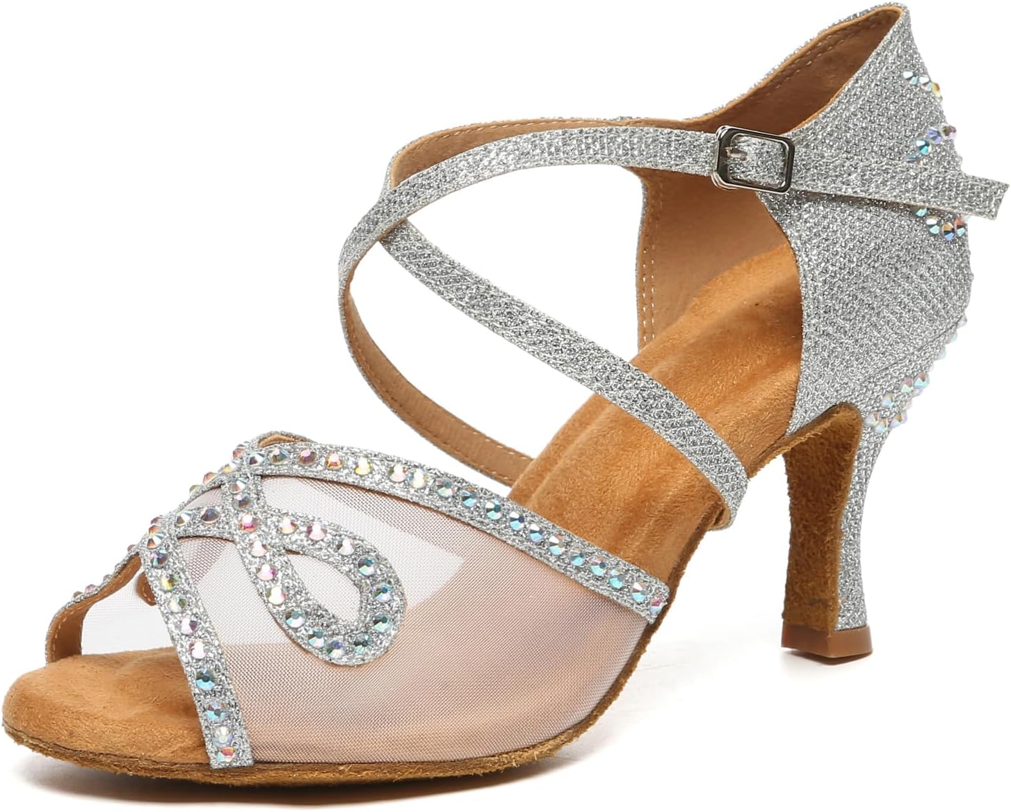 Women's Rhinestone Dance Shoes Open Toe Ballroom Latin Salsa Performance Dance Shoes with Suede Sole