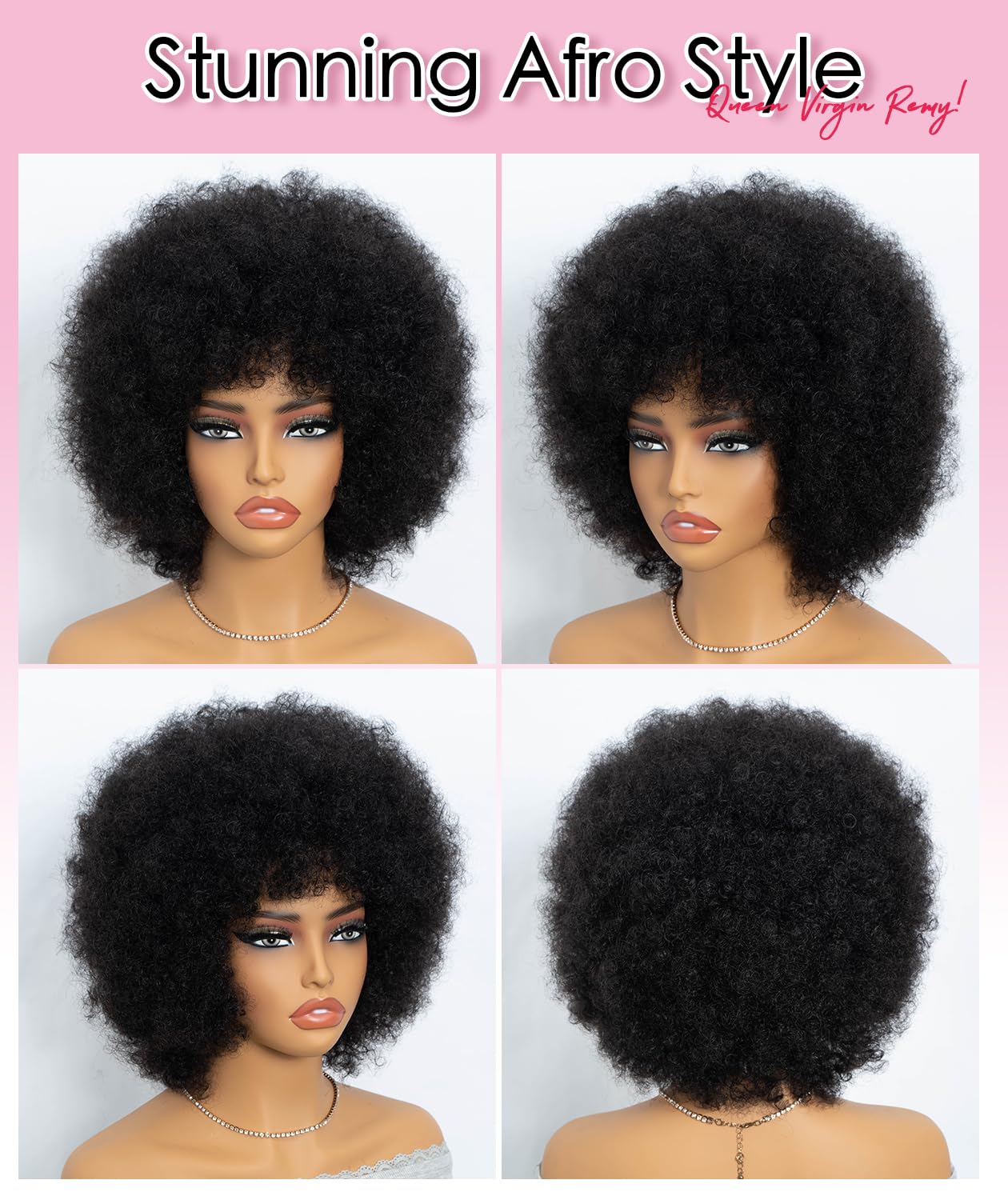 QUEEN VIRGIN REMY QVR Afro Wig For Women Short Afro Kinky Curly Bob Glueless Wigs Human Hair Natural Looking 70s Afro Wigs With Bangs Short Bouncy Afro Puff Wig For Daily Party Wear