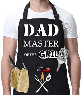 Funny BBQ Black Chef Aprons with 2 Pockets Gift for Men Dad Father Papa | Waterproof, Adjustable Neck Strap & Long Waist Ties, Grilling Bib Apron for Birthday, Fathers Day Cooking Husband Christmas